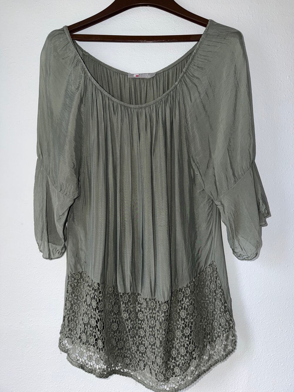 Tina Stephens Green Long Sleeve Eyelet Scoop Neck Boho Peasant Cottagecore XL